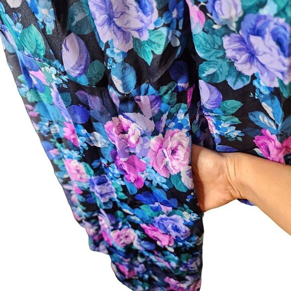 Vintage 80s Long Sleeve Blouson Floral Dress Womens Size 2XL Blue Purple - Picture 2 of 6